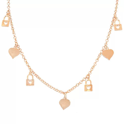 Collar Dijes Corazones y Candado – Chapa de Oro