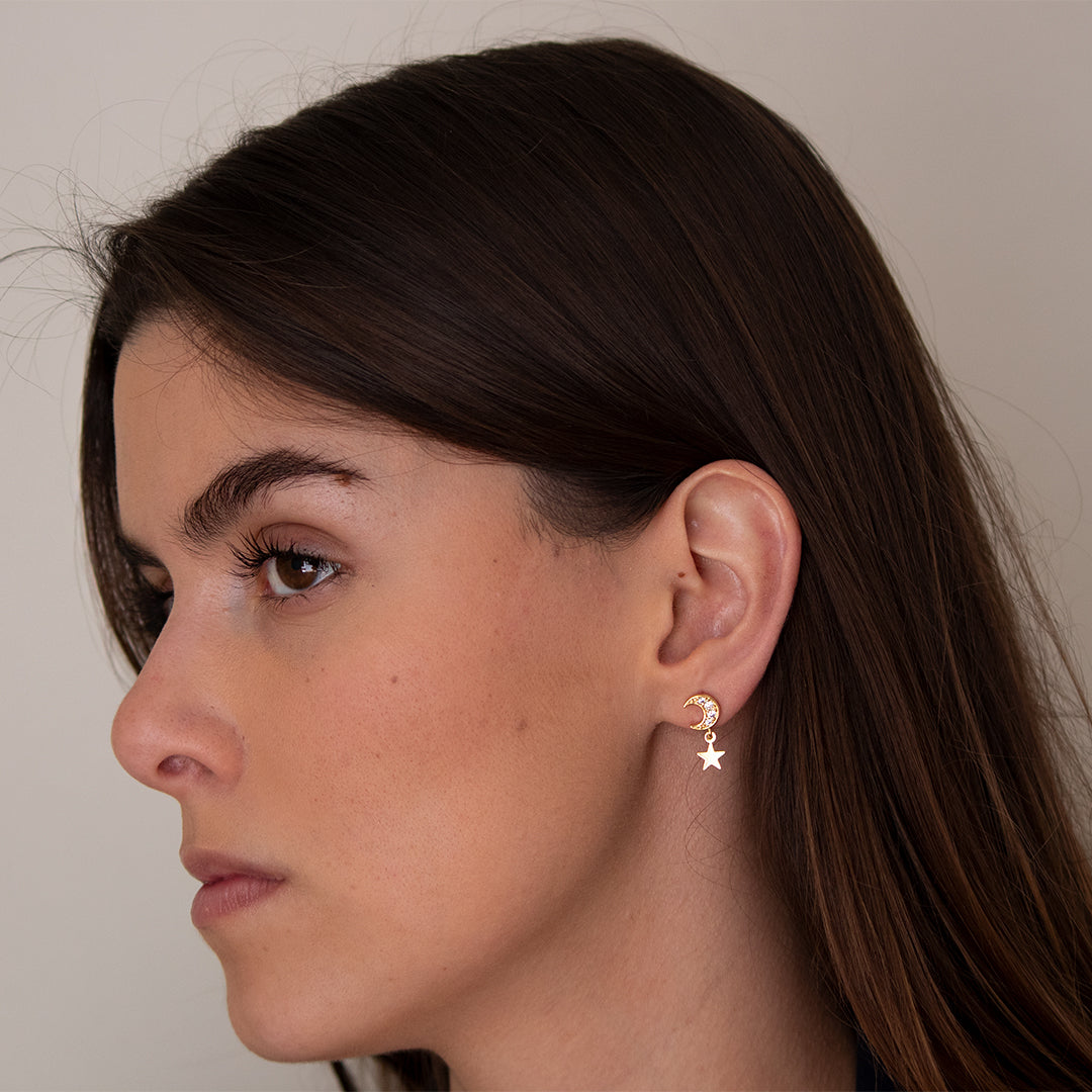 Arete Luna con ZIrconias y DIje - Chapa de Oro