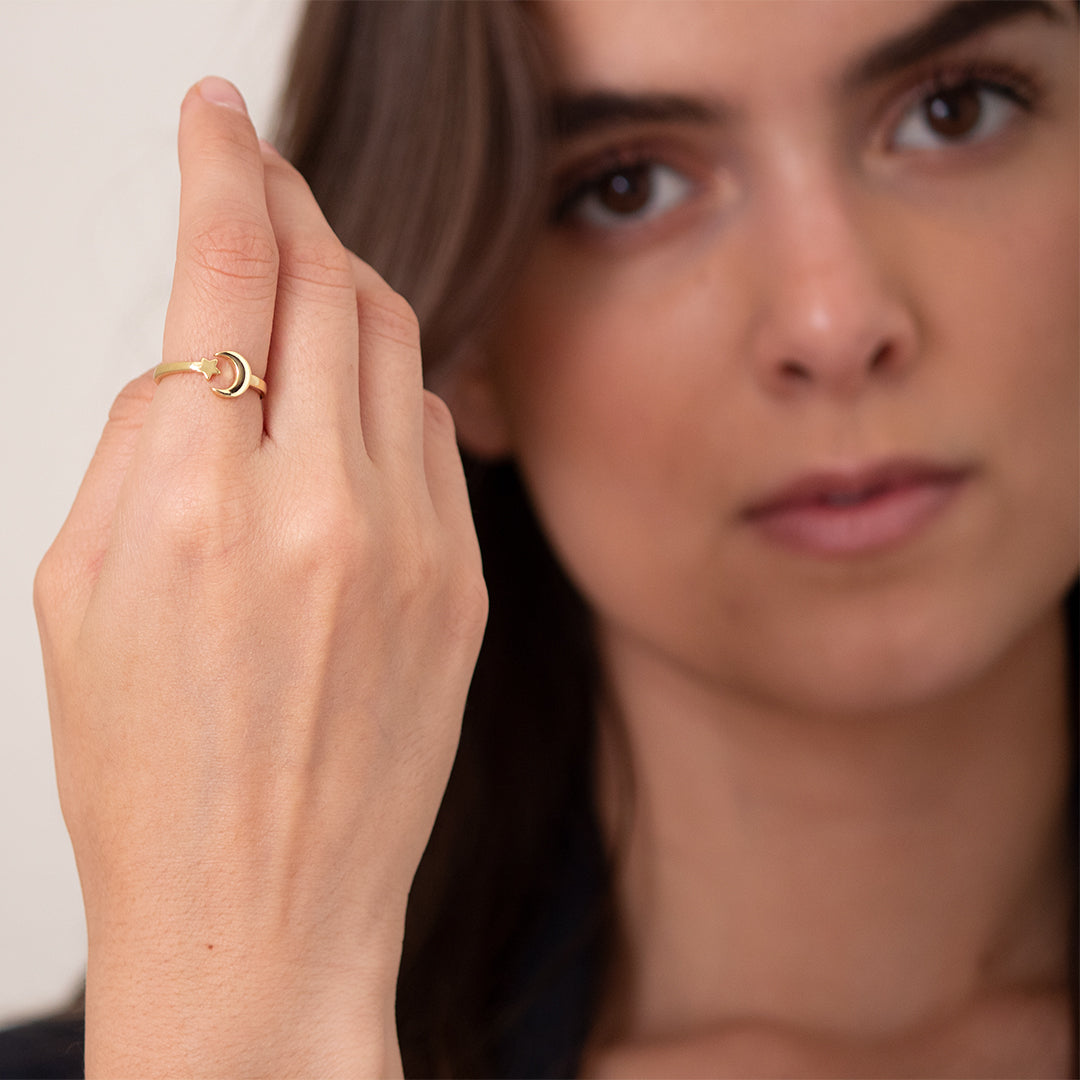 Anillo Ajustable Luna y Estrella – Chapa de Oro