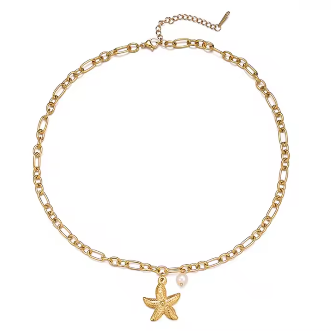 Collar Eslabones Estrella y Perla - Chapa de Oro