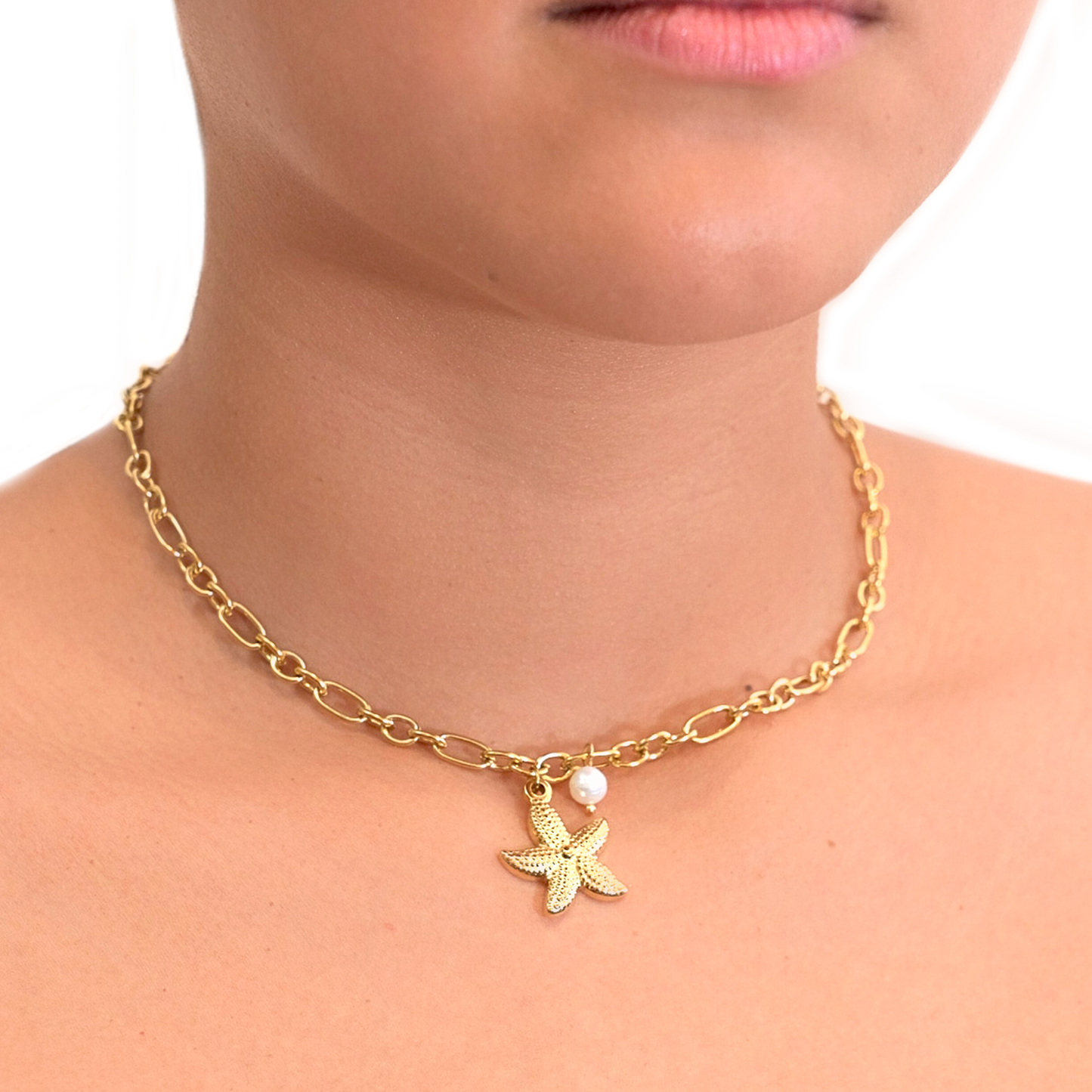 Collar Eslabones Estrella y Perla - Chapa de Oro