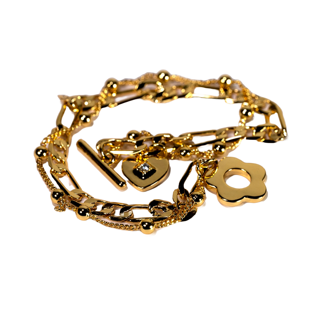 Pulsera Eslabones Doble con Dijes - Chapa de Oro