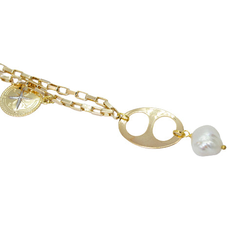Collar Ficha, Brújula y Perla – Chapa de Oro