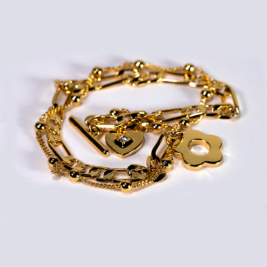 Pulsera Eslabones Doble con Dijes - Chapa de Oro