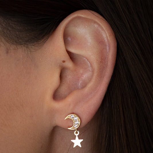 Arete Luna con ZIrconias y DIje - Chapa de Oro