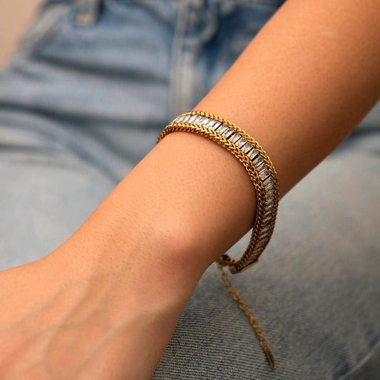 Brazalete Trenzado con Zirconias - Chapa de Oro