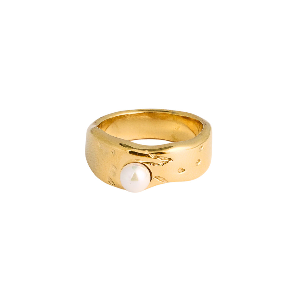 Anillo Ancho con Perla - Chapa de Oro